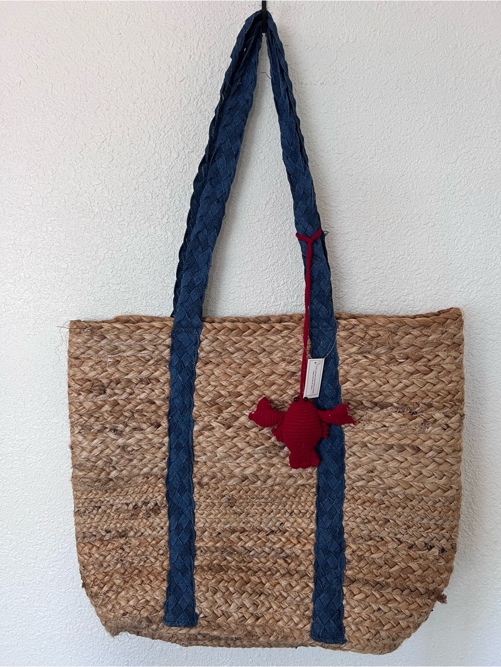 Woven Jute  Tote with Denim Straps and Red Crab Charm Big Bag
